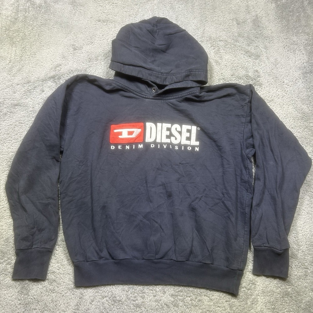 Vintage Diesel Hoodie Mens L Navy Cotton Skater Grunge Denim Div. 90s Y2K *SPOTS